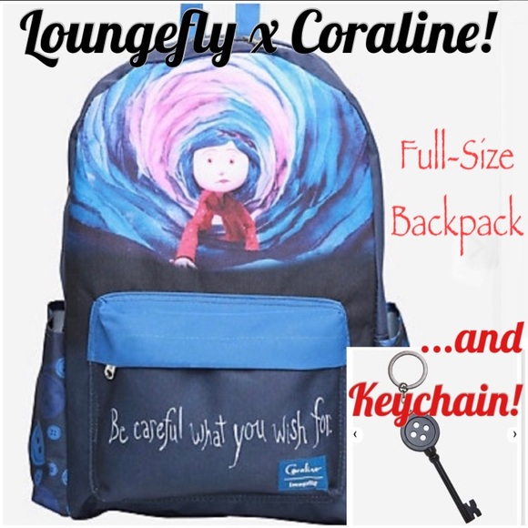 Loungefly Handbags - LOUNGEFLY CORALINE BACKPACK & OTHER WORLD KEY RING